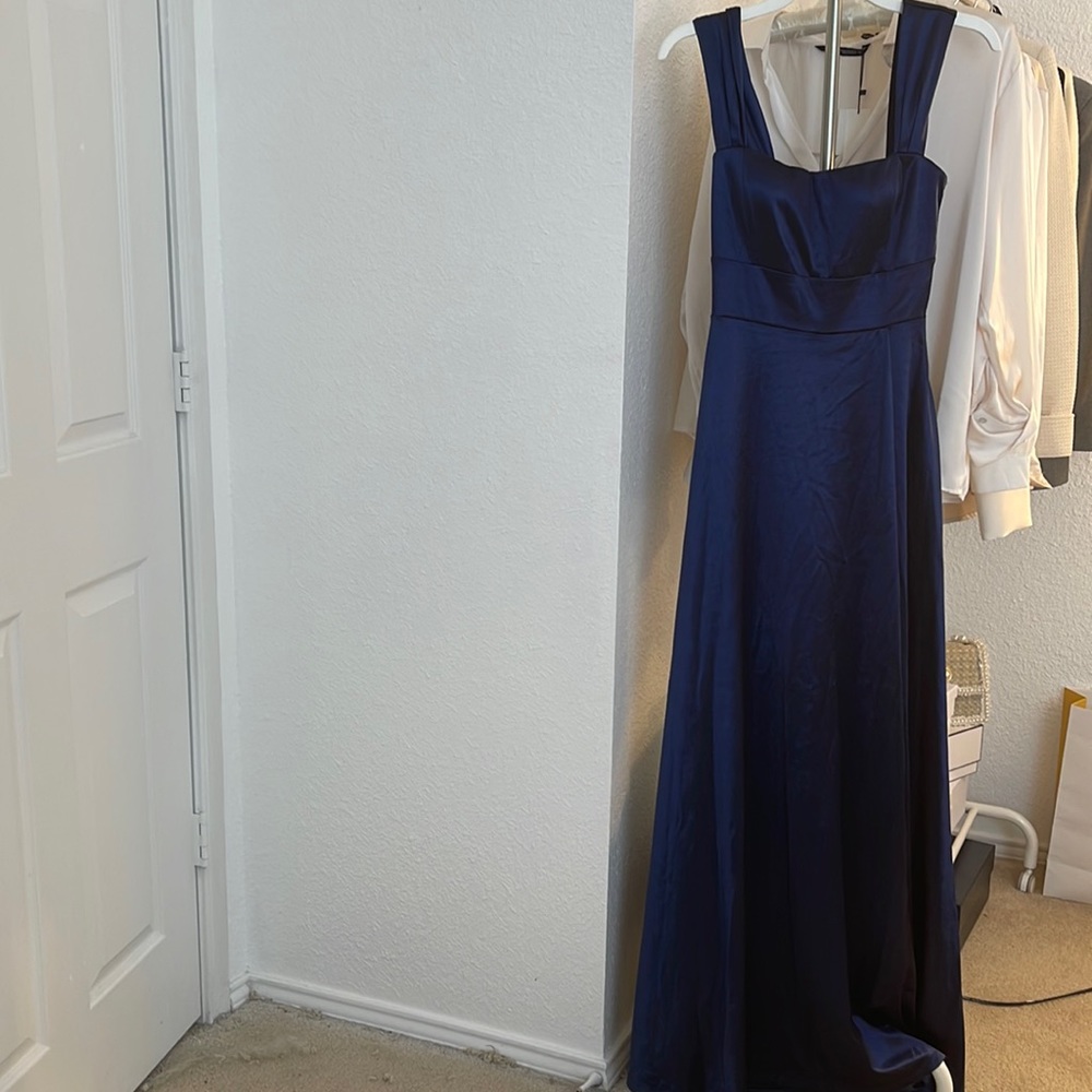 Navy blue sweetheart neckline maxi dress with a slit